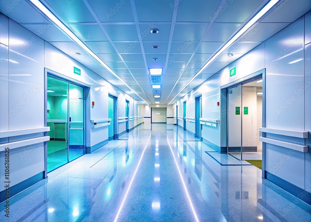 Bright Hospital Hallway with Fluorescent Lights, Clean Lines, and Copy Space for Medical Themes, Healthcare, and Emergency Services Visuals Bright Hospital Hallway with Fluorescent Lights, Clean Lines, and Copy Space for Medical Themes, Healthcare, and Emergency Services Visuals