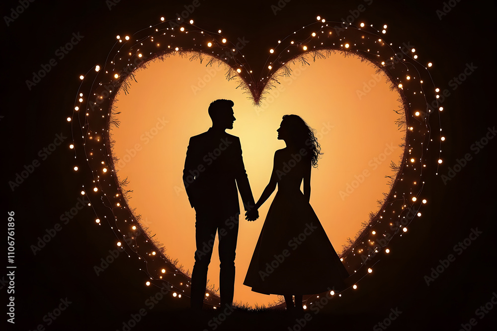 A silhouette of a couple holding hands under a heart-shaped archway adorned with string lights.
A silhouette of a couple holding hands under a heart-shaped archway adorned with string lights.