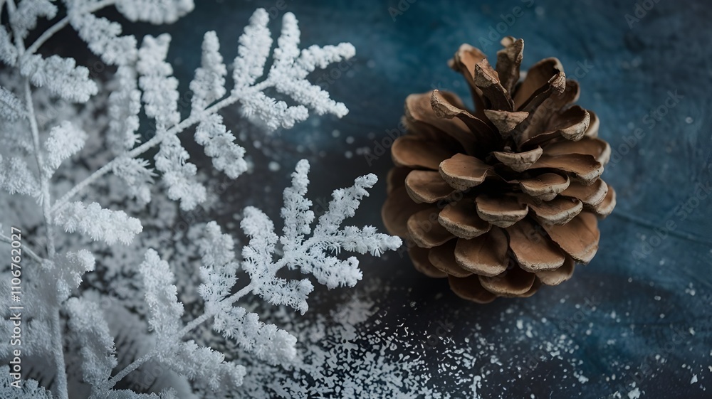 Winter time, winter element theme background. There are white lacy patterns and a few pinecones Winter time, winter element theme background. There are white lacy patterns and a few pinecones