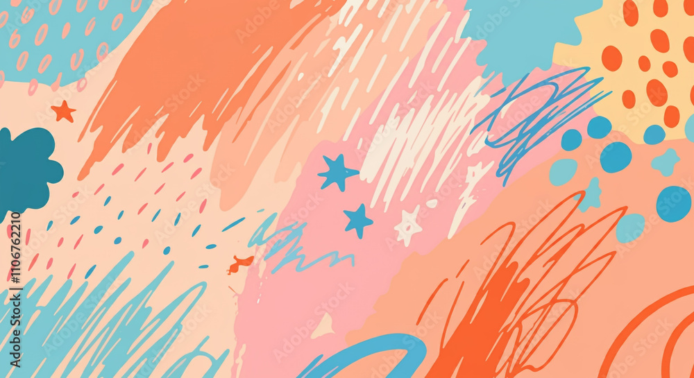Naklejka premium A vibrant abstract pattern with colorful stars and scribbles on a lively background, suitable for digital art or fun projects.