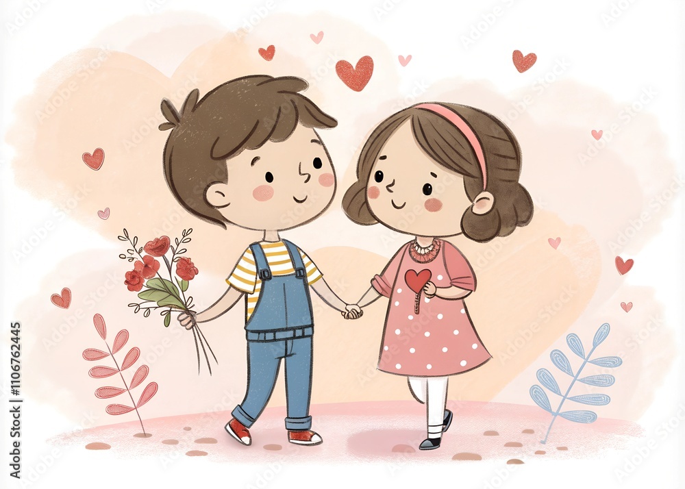 Hand drawn illustration of a cute couple boy and girl holding hands. Love Valentine's day concept
Hand drawn illustration of a cute couple boy and girl holding hands. Love Valentine's day concept