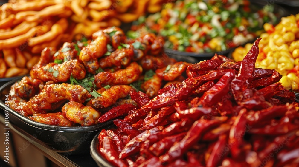 Close-up of various street food items in bowls at a market, including fried chicken wings, chili peppers, and corn salad. Close-up of various street food items in bowls at a market, including fried chicken wings, chili peppers, and corn salad.