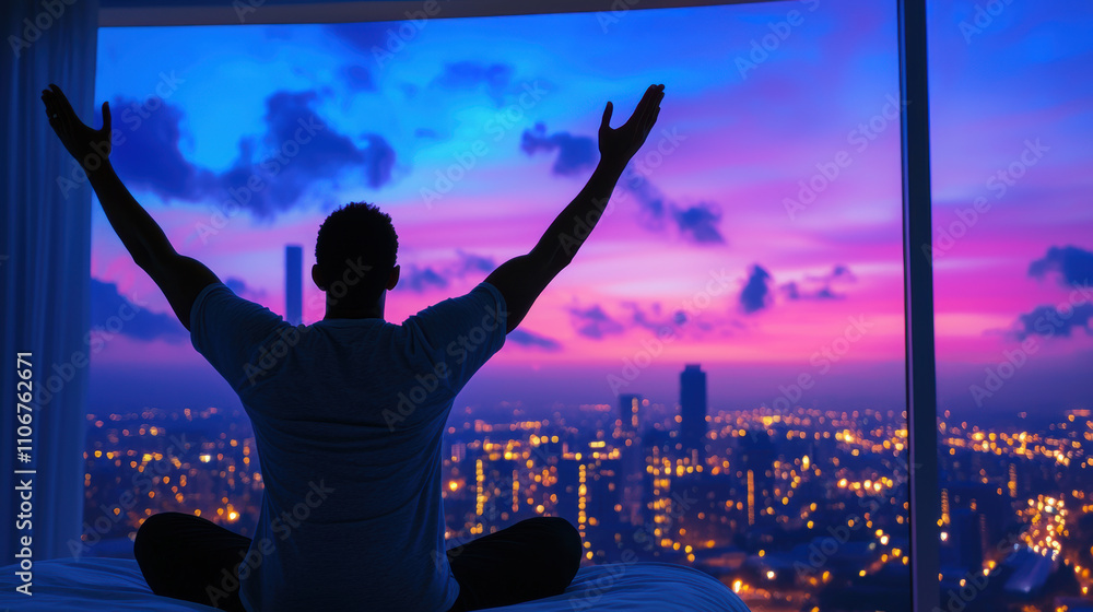 Dad doing light stretching before bed, relaxation routine, A person enjoys a scenic sunset view while meditating in front of a large window, evoking feelings of peace and tranquility. Dad doing light stretching before bed, relaxation routine, A person enjoys a scenic sunset view while meditating in front of a large window, evoking feelings of peace and tranquility.
