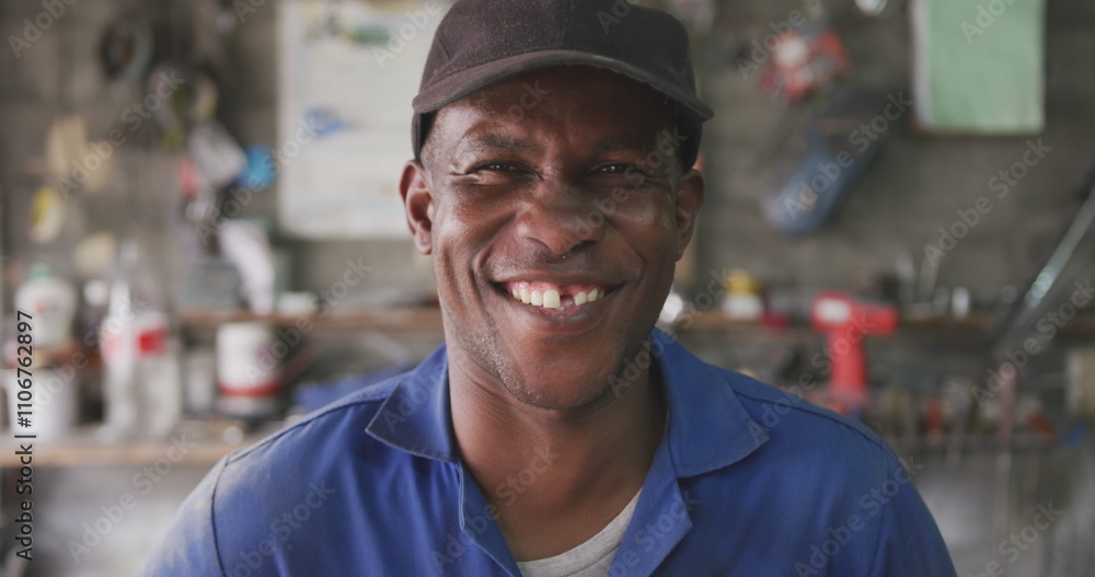 Portrait of a happy African male panel beater in a township workshop, wearing a cap, looking at came Portrait of a happy African male panel beater in a township workshop, wearing a cap, looking at came