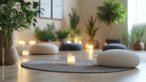 A serene meditation space with cushions, plants, and soft lighting for relaxation and mindfulness.