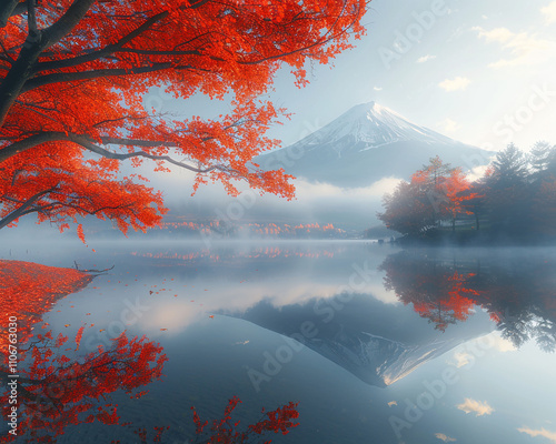 Autumn at Lake Kawaguchiko with a foreground of fiery red leaves, morning fog gently enveloping Mount Fuji in the distance, and reflections shimmering on the lakea??s surface. photo