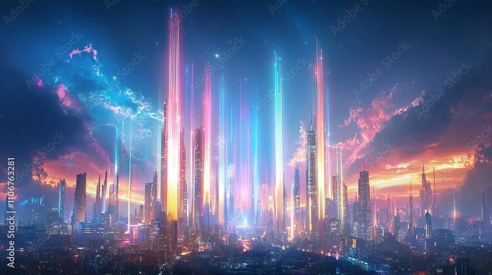 Obraz premium Futuristic Skyline Illumination Urban Landscape Digital Art Nighttime Aesthetic Vision