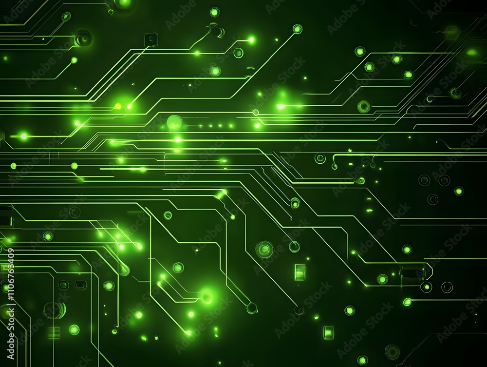 Abstract digital circuit design with glowing green elements on a dark background. Abstract digital circuit design with glowing green elements on a dark background.