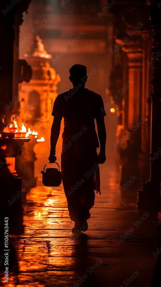 Fototapeta premium Thaipusam, Man Carrying Pot of Milk in Serene Ambience