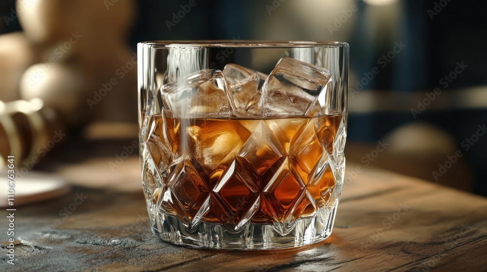 Artisan cold brew coffee with ice cubes in a crystal glass, condensation on glass, dark wood table, rustic style Artisan cold brew coffee with ice cubes in a crystal glass, condensation on glass, dark wood table, rustic style