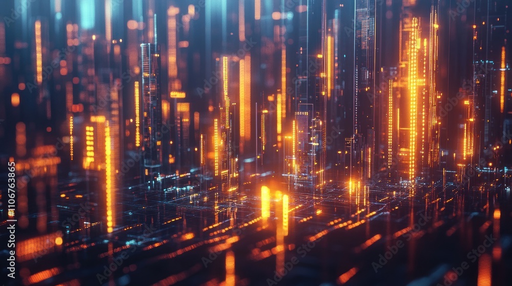 Fototapeta premium Abstract digital city with glowing orange lines and blue and purple lights.