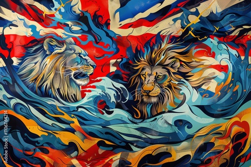 Majestic Lions Amidst a Union Jack Tidal Wave: A Powerful Artistic Depiction of British Heritage and Pride photo