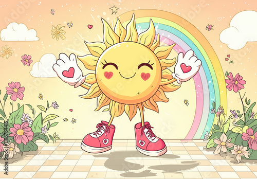 Obraz na płótnie cheerful cartoon sun character wearing red sneakers and heart-decorated gloves stands with open arms, surrounded by colorful flowers, a rainbow, and a sunny backdrop. w salonie