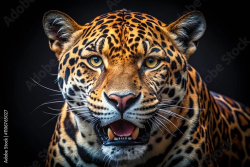 Close-Up of a Roaring Jaguar in Vintage Style Photography with Dark Background, Capturing the Majesty and Power of This Majestic Big Cat in Stunning Detail