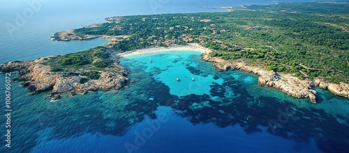 Aerial view of a serene coastal landscape with turquoise waters and lush greenery.