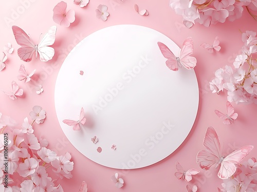 Pink background with a white circle in the center, surrounded by pink flowers and butterflies, creating an elegant composition for text or product display 