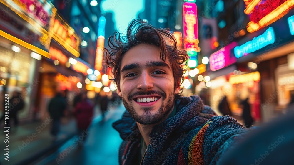 Youthful Urban Vibes - Young Adult Taking Selfie in Vibrant City Street Youthful Urban Vibes - Young Adult Taking Selfie in Vibrant City Street