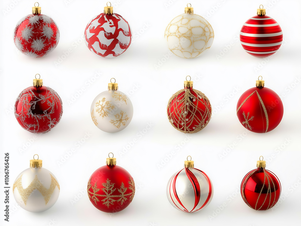 Christmas Ornament 3d set of red and gold isolated on white background Christmas Ornament 3d set of red and gold isolated on white background