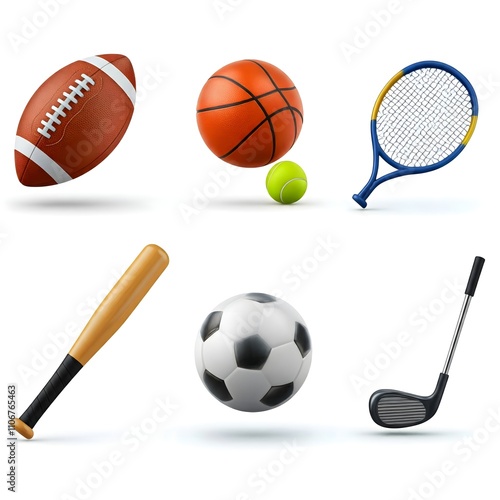 Stylish 3D Sports Icons with Metallic Accents and Smooth Surfaces, Sports Icon Set on White Background