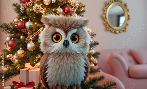 owl christmas Beautiful fir tree decorated with baubles, garlands, stuffed toy owl and presents under it golden mirror on wall, pink sofa merry christmas  animal, decoration, season, bird photo