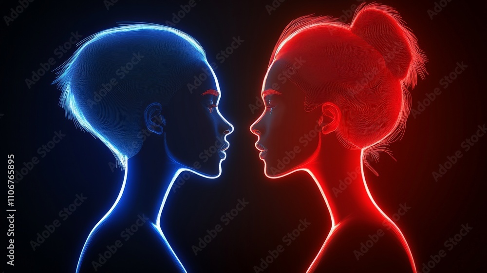 Glowing silhouette of a man and woman in contrasting neon red and blue light symbolizing connection, communication, and gender dynamics in a futuristic, abstract style Glowing silhouette of a man and woman in contrasting neon red and blue light symbolizing connection, communication, and gender dynamics in a futuristic, abstract style