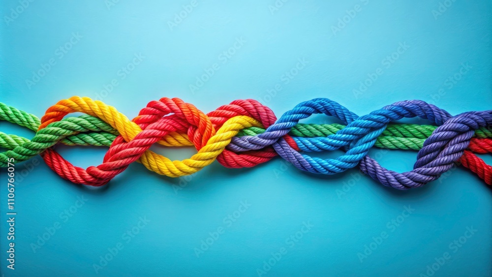 Colorful Ropes Tied Together in Silhouette on Light Blue Background - Unity Concept, Teamwork, Connection, Diversity, Strength, Togetherness Colorful Ropes Tied Together in Silhouette on Light Blue Background - Unity Concept, Teamwork, Connection, Diversity, Strength, Togetherness