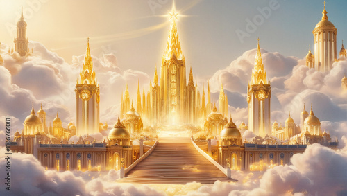 heaven golden city above the clouds created using AI Generative Technology