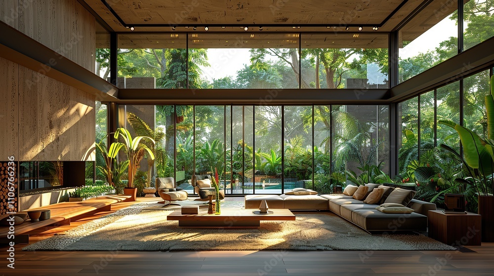 A modern living room with large windows, showcasing plants and natural light.