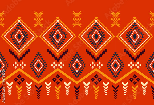 Embroidered cross-stitch ethnic fabric Geometric ornament ethnic pattern design. Use for fabric, textile, interior decoration elements, upholstery, and wrapping.