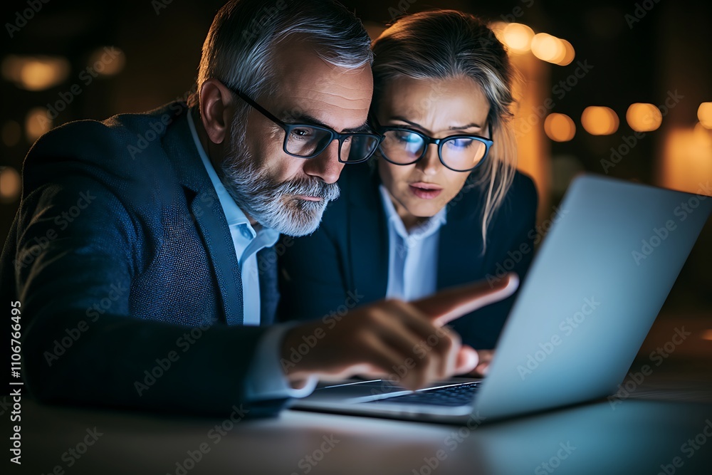 Fototapeta premium Business Colleagues Collaborate Late Night On Laptop