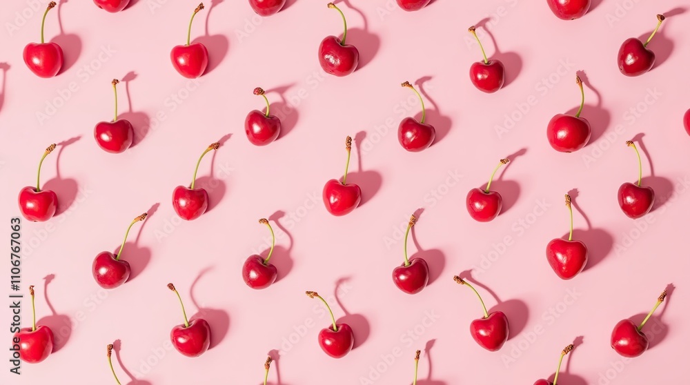 Minimalistic Flat Lay of Fresh Red Cherries on Pink Background Minimalistic Flat Lay of Fresh Red Cherries on Pink Background