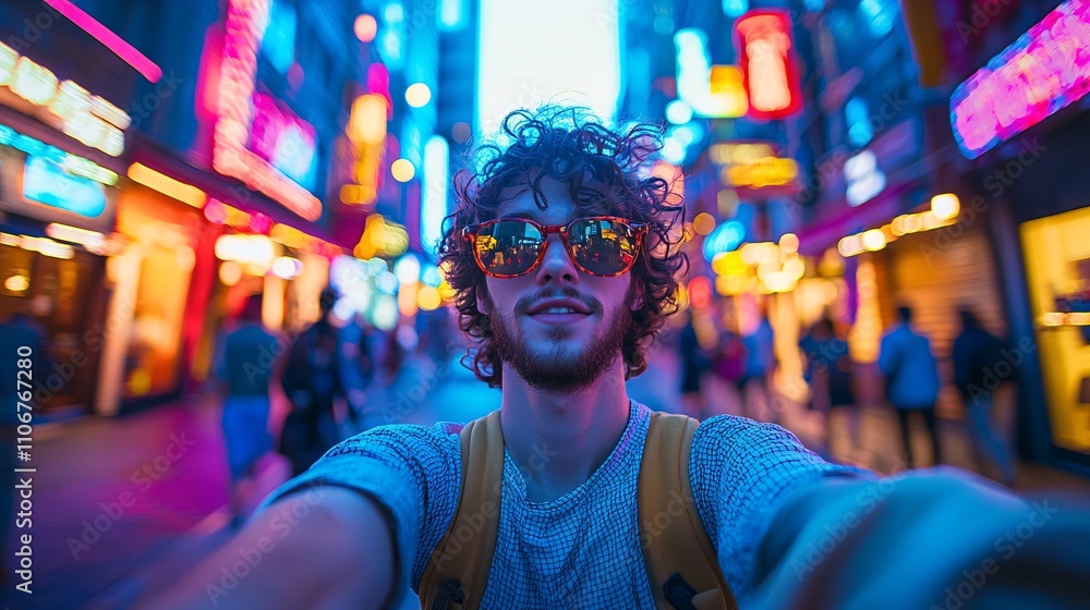 Capturing Urban Energy - Young Adult Takes Selfie amidst Vibrant Cityscape with Neon Signs and Colorful Shopfronts in Background Capturing Urban Energy - Young Adult Takes Selfie amidst Vibrant Cityscape with Neon Signs and Colorful Shopfronts in Background