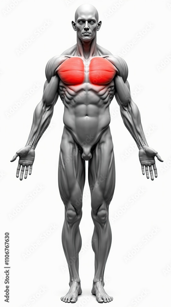 Detailed Anatomical Illustration of Muscular Human Figure with Focus on Chest Detailed Anatomical Illustration of Muscular Human Figure with Focus on Chest