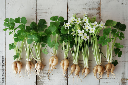 Freshly harvested Oxalis tuberosa with tubers and leaves on light wooden surface photo