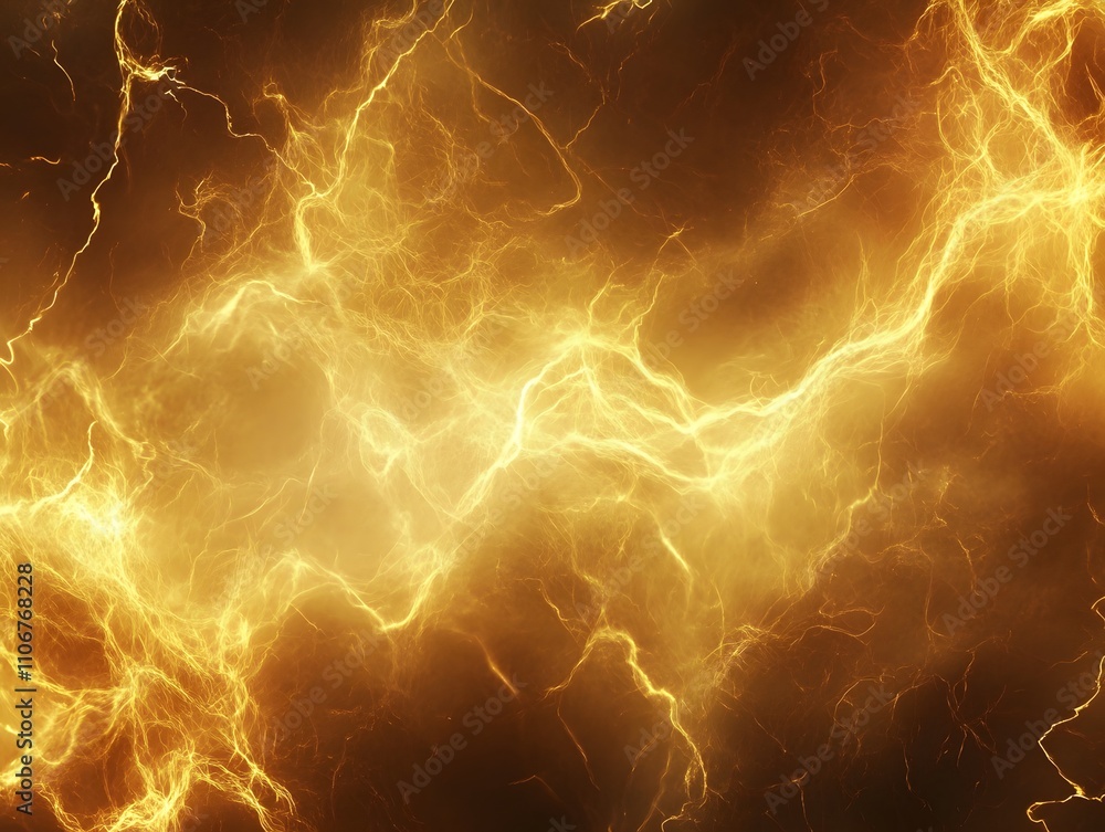 Fototapeta premium Abstract image of dynamic golden lightning bolts on a dark background.