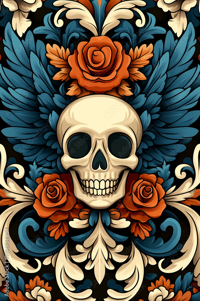 A skull is surrounded by a rose and a flower, creating a unique and artistic design. The skull is positioned in the center of the image, with the rose and flower surrounding it from all sides A skull is surrounded by a rose and a flower, creating a unique and artistic design. The skull is positioned in the center of the image, with the rose and flower surrounding it from all sides
