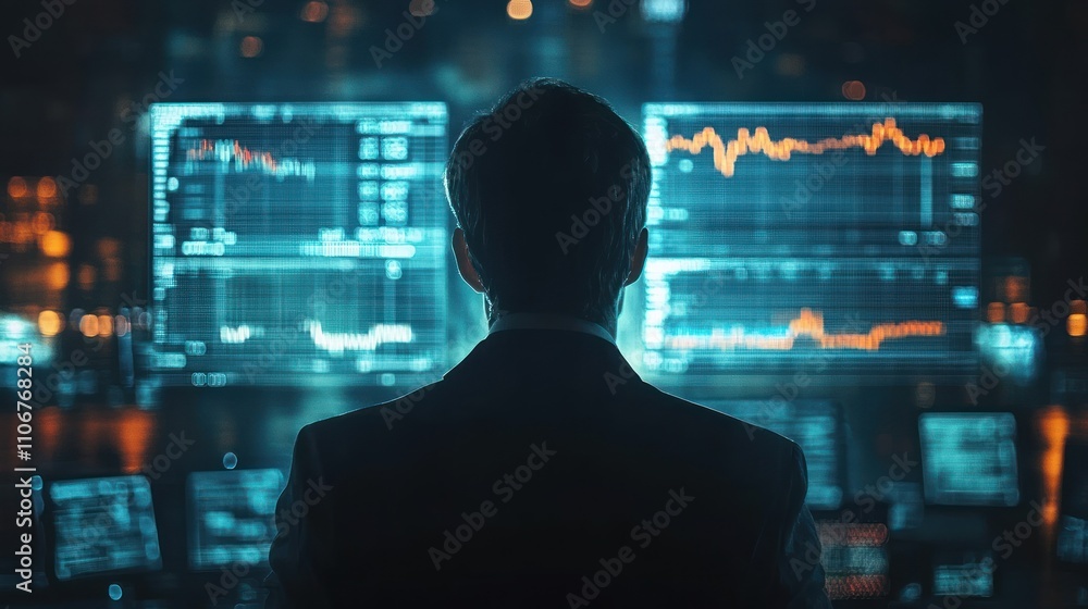 A businessman stands in front of a wall of computer screens displaying graphs and data. A businessman stands in front of a wall of computer screens displaying graphs and data.