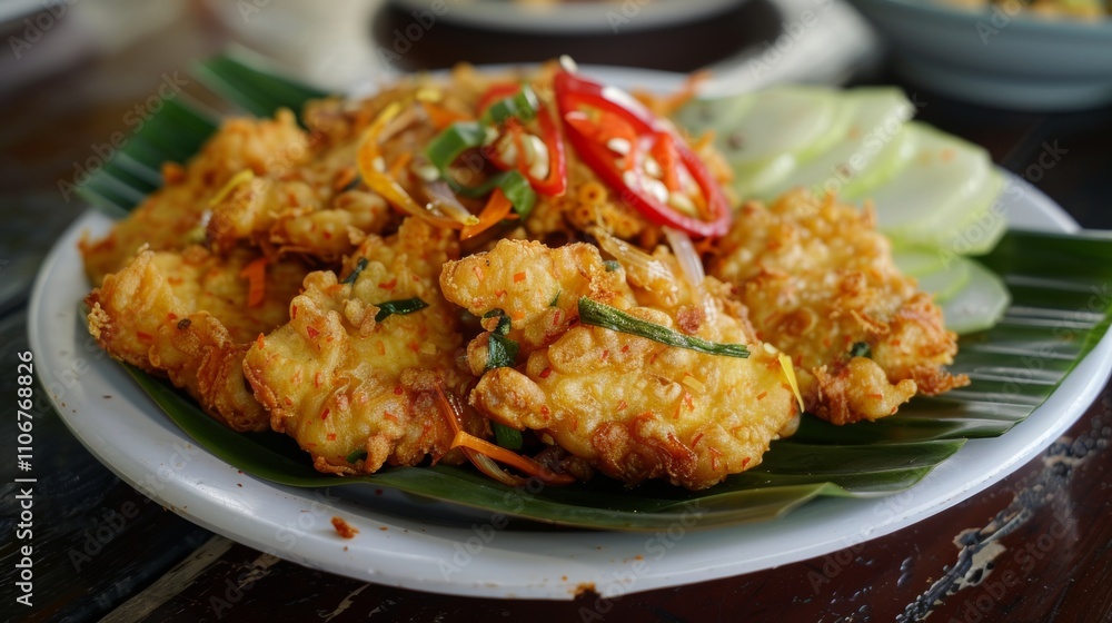 Delicious Crispy Fried Bakwan Jagung Indonesian Street Food Corn Fritters on Banana Leaf Plate Delicious Crispy Fried Bakwan Jagung Indonesian Street Food Corn Fritters on Banana Leaf Plate