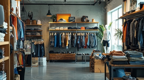 An interior view of a trendy retail store, displaying racks of clothes, accessories, and mannequin