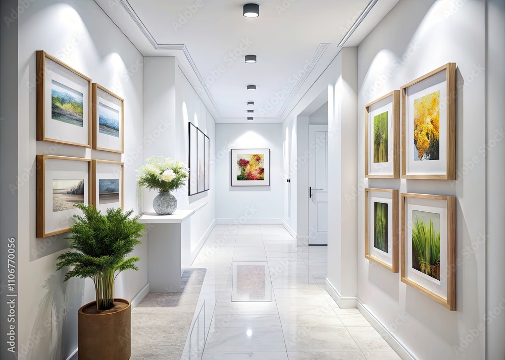 Elegant White Hallway Interior with Wall Mockup for Modern Design Inspiration, 3D Rendered Space Showcasing Bright, Minimalist Aesthetic Elegant White Hallway Interior with Wall Mockup for Modern Design Inspiration, 3D Rendered Space Showcasing Bright, Minimalist Aesthetic
