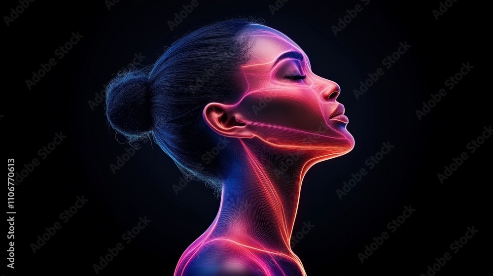 Elegant portrait of a woman with glowing neon highlights in pink and purple tones, symbolizing beauty, confidence, and futuristic fashion Elegant portrait of a woman with glowing neon highlights in pink and purple tones, symbolizing beauty, confidence, and futuristic fashion