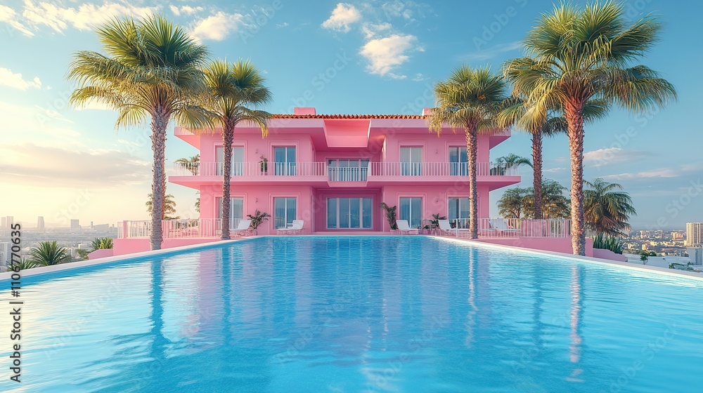 3D hotel building with palm trees and a pool, used for promoting tourism and vacations 3D hotel building with palm trees and a pool, used for promoting tourism and vacations