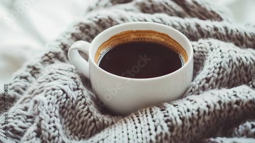 A white mug of hot coffee nestled in a cozy knitted blanket.