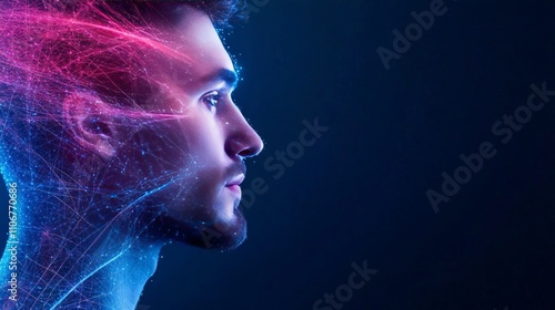 Futuristic side profile of a man with glowing neural pathways, symbolizing artificial intelligence, creativity, and digital evolution