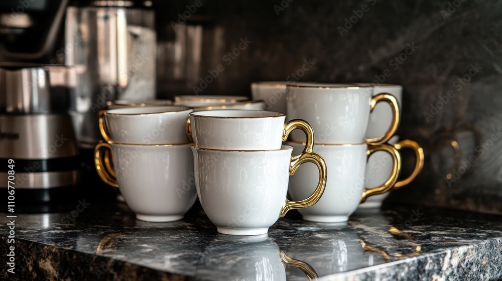 Ceramic cups with gold handles, stacked neatly on a dark granite counter Ceramic cups with gold handles, stacked neatly on a dark granite counter