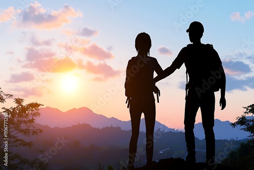 Couple Silhouetted Against Sunset Mountain View