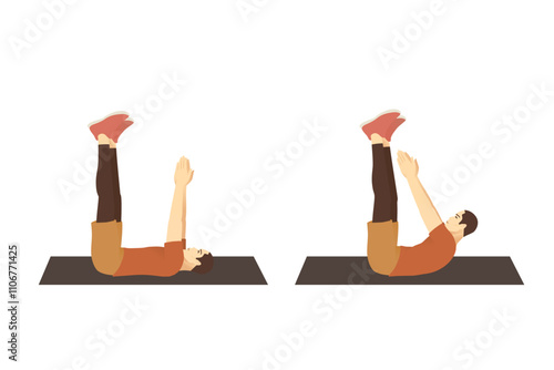 Man doing Toe Touch Stretches Exercise in lying posture on yoga mat. Illustration about warm up and cool down and workout.