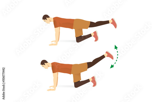 Sport man doing Straight Leg Donkey Kicks Exercise on the floor in 2 steps. Illustration about workout to target at leg, spine, and abdominal muscles.