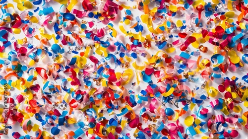 Colorful confetti and ribbons create a joyful celebration on a pristine white surface.