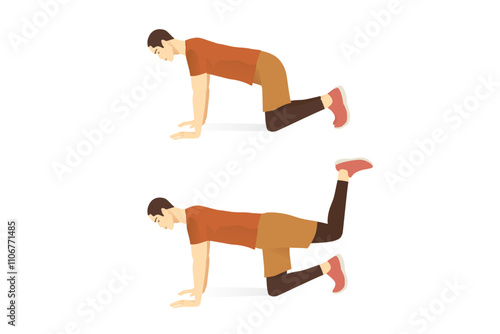 Man doing Donkey Kick Exercise on the floor in 2 steps. Illustration about the workout to target at leg and thigh.